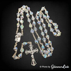 Vintage Clear Aurora Borealis Conic Faceted Beaded Silver Tone Catholic Rosary